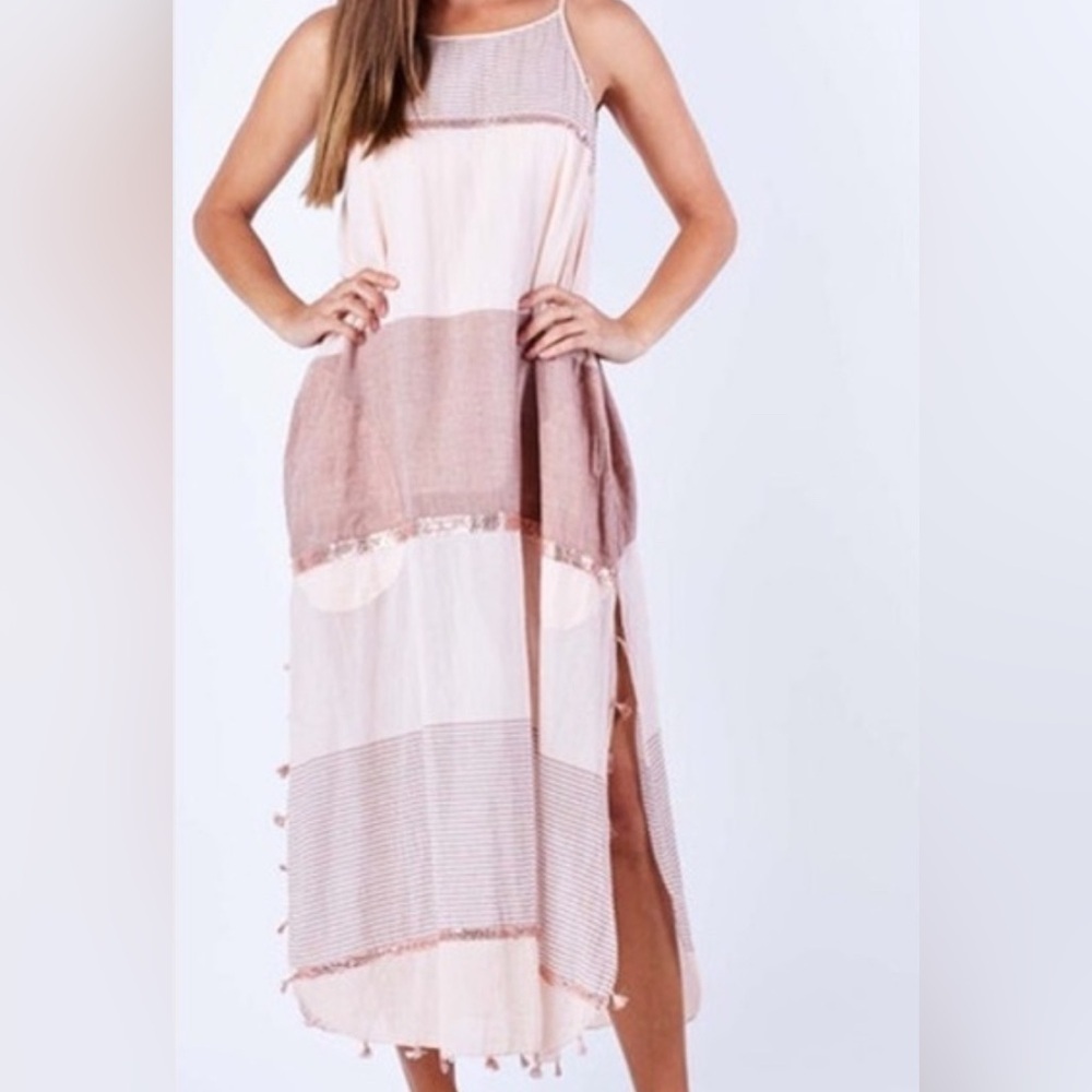 Lula Soul Horizon Maxi In Hazel Size Medium Sequined Lined Sheer Resortwear